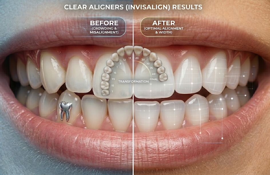 An extreme close-up split-panel photograph of a human mouth and smile, titled 'CLEAR ALIGNERS (INVISALIGN) RESULTS'. The left side (labeled 'BEFORE') has a cooler, blue hue and shows stained, naturally shaped but visibly misaligned and crowded teeth and mottled skin. A silver tooth charm is on the left lower canine. The right side (labeled 'AFTER') has a warmer, peach hue and shows brilliantly white, perfectly aligned, smooth teeth and smoother skin with digital data grid points. A central feature is a physical dental arch cast model, where the numbered stages (1, 15, 20, 30, 35, 40, FINAL) are physical engravings on the model material itself, showing the sequential progression.