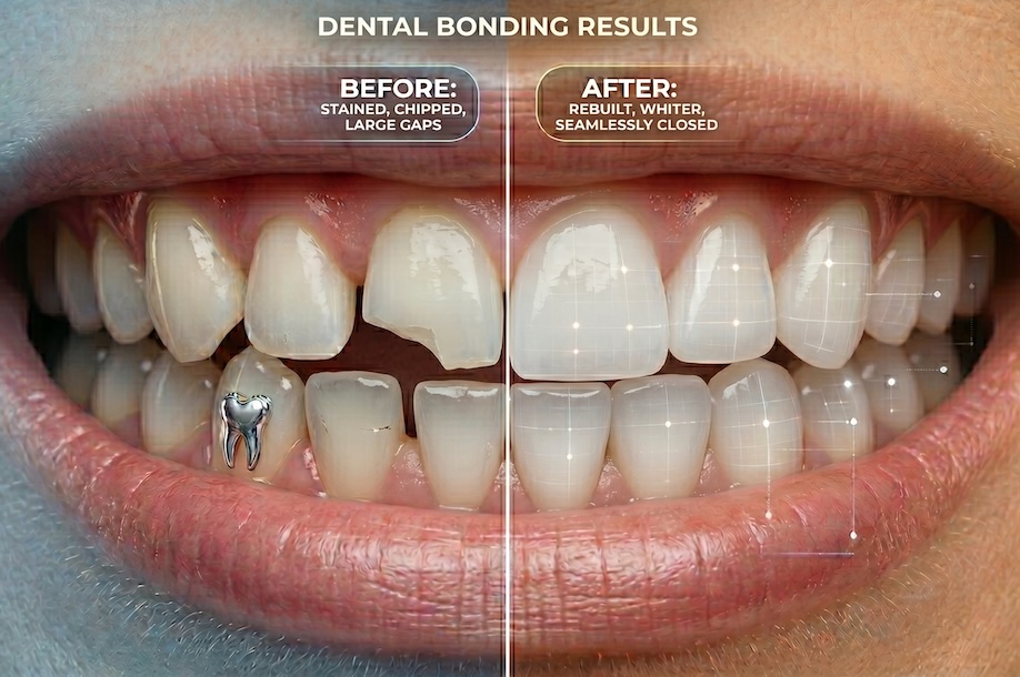 An extreme close-up split-panel photograph of the same human mouth and smile, titled 'DENTAL BONDING RESULTS'. The left side (labeled 'BEFORE') has a cooler hue and shows specific teeth with damage, including a distinct chip on the lower-left central incisor, a small gap (diastema), and general staining, all with a mottled texture. The silver tooth charm is on the left canine. The right side (labeled 'AFTER') has a warmer, peach hue and shows brilliantly white, perfectly rebuilt and seamlessly contoured teeth.