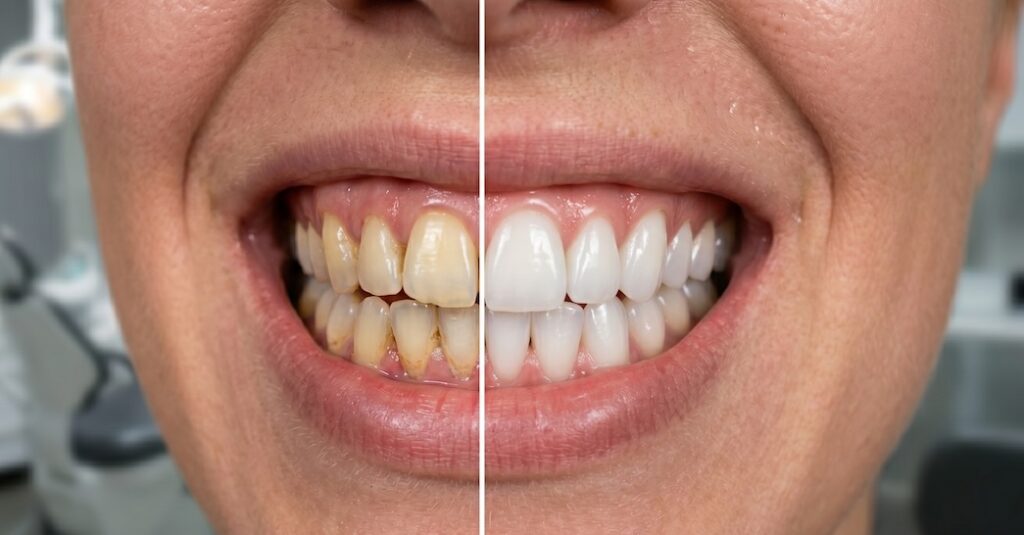 A high-resolution close-up photograph of a human smile split vertically down the center by a white line. The left side ("Before") shows teeth with noticeable yellow staining, plaque, and calculus buildup along the gum line. The right side ("After") shows the same teeth looking visibly cleaner, whiter, and polished, set against a blurred background of a dental office.